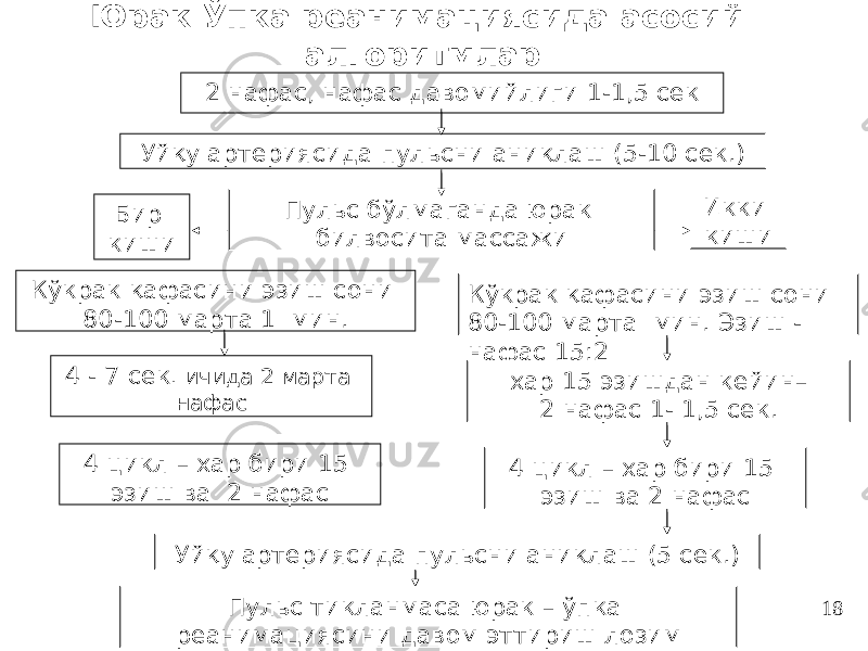 Юрак Ўпка реанимациясида асосий алгоритмлар 4 цикл – хар бири 15 эзиш ва 2 нафас 4 цикл – хар бири 15 эзиш ва 2 нафас Уйқу артериясида пульсни аниқлаш (5 сек.) Пульс тикланмаса юрак – ўпка реанимациясини давом эттириш лозим 2 нафас, нафас давомийлиги 1-1,5 сек Уйқу артериясида пульсни аниқлаш (5-10 сек.) Пульс бўлмаганда юрак билвосита массажи Бир киши Кўкрак қафасини эзиш сони 80-100 марта 1 мин. Кўкрак қафасини эзиш сони 80-100 марта мин. Эзиш - нафас 15:2 4 - 7 сек . ичида 2 марта нафас хар 15 эзишдан кейин– 2 нафас 1- 1,5 сек. Икки киши 18 