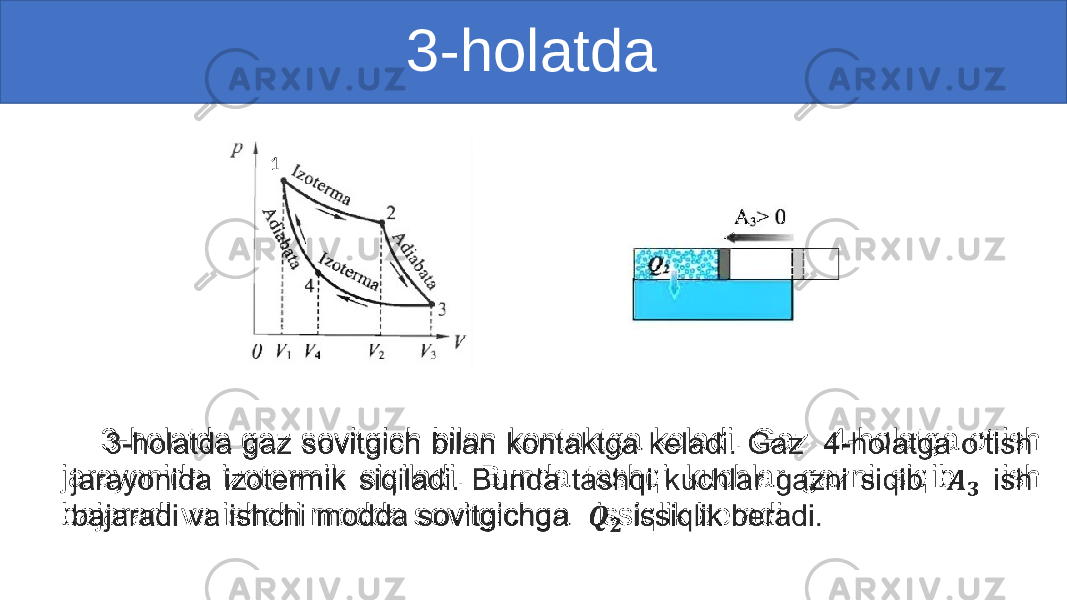  3-holatda 3-holatda gaz sovitgich bilan kontaktga keladi. Gaz 4-holatga o‘tish jarayonida izotermik siqiladi. Bunda tashqi kuchlar gazni siqib ish bajaradi va ishchi modda sovitgichga issiqlik beradi.• 1 