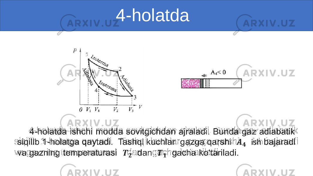  4-holatda 4-holatda ishchi modda sovitgichdan ajraladi. Bunda gaz adiabatik siqilib 1-holatga qaytadi. Tashqi kuchlar gazga qarshi ish bajaradi va gazning temperaturasi dan gacha ko‘tariladi.• 1 