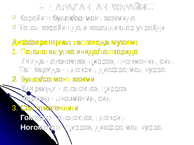 ЧЕГАРАЛАНГАН КОРАЙИШ  Корайиш булак/сегмент хажмида  Тотал корайишдаги касалликлар учрайди Дифференциал ташхисда мухим: 1. Патология упка ичида/ташкарида Ичида - ателектаз, цирроз, пневмония, сил. Ташкарида - плеврит, диафрагмал чурра 2. Булак/сегмент хажми Кичраяди - ателектаз, цирроз. Нормал - пневмония, сил. 3. Соя гомогенлиги Гомоген - ателектаз, плеврит. Ногомоген - цирроз, диафрагмал чурра. 