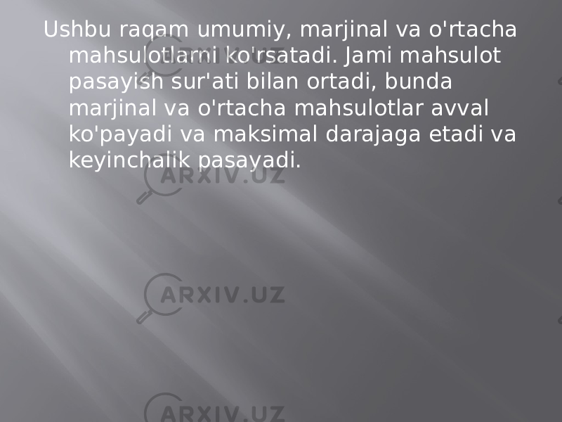 Ushbu raqam umumiy, marjinal va o&#39;rtacha mahsulotlarni ko&#39;rsatadi. Jami mahsulot pasayish sur&#39;ati bilan ortadi, bunda marjinal va o&#39;rtacha mahsulotlar avval ko&#39;payadi va maksimal darajaga etadi va keyinchalik pasayadi. 