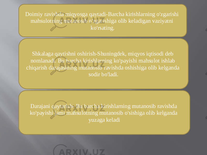 Doimiy ravishda miqyosga qaytadi-Barcha kirishlarning o&#39;zgarishi mahsulotning mutanosib o&#39;zgarishiga olib keladigan vaziyatni ko&#39;rsating. Shkalaga qaytishni oshirish-Shuningdek, miqyos iqtisodi deb nomlanadi. Bu barcha kirishlarning ko&#39;payishi mahsulot ishlab chiqarish darajasining mutanosib ravishda oshishiga olib kelganda sodir bo&#39;ladi. Darajani qaytarish- Bu barcha kirishlarning mutanosib ravishda ko&#39;payishi jami mahsulotning mutanosib o&#39;sishiga olib kelganda yuzaga keladi 