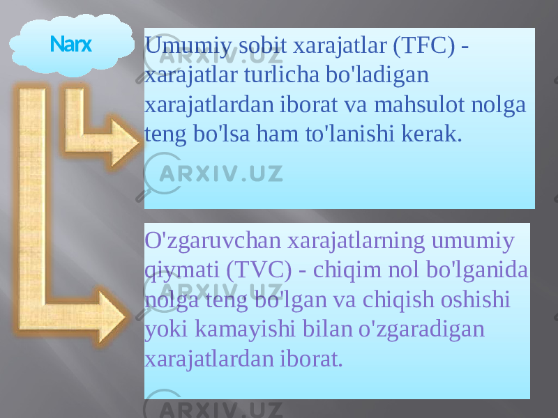 Narx Umumiy sobit xarajatlar (TFC) - xarajatlar turlicha bo&#39;ladigan xarajatlardan iborat va mahsulot nolga teng bo&#39;lsa ham to&#39;lanishi kerak. O&#39;zgaruvchan xarajatlarning umumiy qiymati (TVC) - chiqim nol bo&#39;lganida nolga teng bo&#39;lgan va chiqish oshishi yoki kamayishi bilan o&#39;zgaradigan xarajatlardan iborat. 