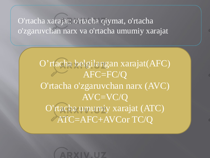 O&#39;rtacha xarajat: o&#39;rtacha qiymat, o&#39;rtacha o&#39;zgaruvchan narx va o&#39;rtacha umumiy xarajat O’rtacha belgilangan xarajat(AFC) AFC=FC/Q O&#39;rtacha o&#39;zgaruvchan narx (AVC) AVC=VC/Q O&#39;rtacha umumiy xarajat (ATC) ATC=AFC+AVCor TC/Q 