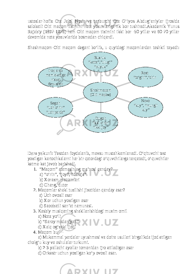 ustozlar-hofiz Ota Jalol Nosir va tanburchi Ota G‘iyos Abdug‘aniylar ijrosida salobatli Olti maqom tizimini nota yozuvlariga ilk bor tushiradi.Akademik Yunus Rajabiy (1897-1976) ham Olti maqom tizimini ikki bor -50-yillar va 60-70-yillar davomida nota yozuvlarida bosmadan chiqardi. Shashmaqom-Olti maqom degani bo‘lib, u quyidagi maqomlardan tashkil topadi: Dars yakuni: Testdan foydalanib, mavzu mustahkamlanadi. O‘qituvchi test yozilgan kartochkalarni har bir qatordagi o‘quvchilarga tarqatadi, o‘quvchilar ketma-ket javob berishadi. 1. “Maqom” atamasining ma’nosi qanday? a) “o‘rin”, “joy”, “daraja” b) Xorazm maqomlari d) Chang, dutor 2. Maqomlar shakl tuzilishi jixatidan qanday asar? a) Uch ovozli asar b) Xor uchun yozilgan asar d) Saoobatli san’at namunasi. 3. Kasbiy musiqaning shakllanishidagi muxim omil a) Nota yo‘li b) “Saroy madaniyati” d) Xalq og‘zaki ijodi 4. Maqom bu---- a) Mukammal pardalar uyushmasi va doira usullari birgalikda ijod etilgan cholg‘u kuy va ashulalar turkumi. b) 2-3 yallachi ayollar tomonidan ijro etiladigan asar d) Orkestr uchun yozilgan ko‘p ovozli asar. Iroq arab mamlakatiga nisbat берилган Segoh “ uch o‘rin” “ uch parda” Dugoh “ ikki o‘rin” “ ikki joy” Navo “ kuy”, “mungli kuy” Rost “ to‘g‘ri”,“chin Buzruk “ katta”,”ulug‘” “ buyuk” Shashmaqom (Olti maqoм) 