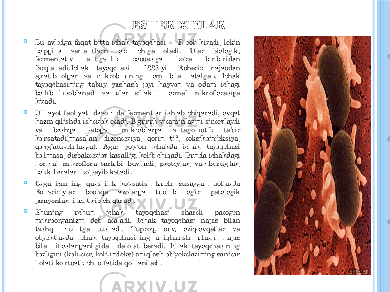 ESHERIXIYLAR  Bu avlodga faqat bitta ichak tayoqchasi — E coli kiradi, lekin ko&#39;pgina variantlarni o&#39;z ichiga oladi. Ular biologik, fermentativ antigenlik xossasiga ko&#39;ra bir-biridan farqlanadi.Ichak tayoqchasini 1888-yili Esherix najasdan ajratib olgan va mikrob uning nomi bilan atalgan. Ichak tayoqchasining tabiiy yashash joyi hayvon va odam ichagi bo`lib hisoblanadi va ular ichakni normal mikroflorasiga kiradi.  U hayot faoliyati davomida fermentlar ishlab chiqaradi, ovqat hazm qilishda ishtirok etadi, В guruh vitaminlarini sintezlaydi va boshqa patogen mikroblarga antagonistik ta&#39;sir ko&#39;rsatadi(masalan, dizenteriya, qorin tifi, toksikoinfeksiya, qo&#39;zg’atuvchilarga). Agar yo&#39;g&#39;on ichakda ichak tayoqchasi bo&#39;lmasa, disbakterioz kasalligi kelib chiqadi. Bunda ichakdagi normal mikroflora tarkibi buziladi, proteylar, zamburug&#39;lar, kokk floralari ko&#39;payib ketadi.  Organizmning qarshilik ko&#39;rsatish kuchi susaygan hollarda Esherixiylar boshqa azolarga tushib og&#39;ir patologik jarayonlarni keltirib chiqaradi.  Shuning uchun ichak tayoqchasi shartli patogen mikroorganizm deb ataladi. Ichak tayoqchasi najas bilan tashqi muhitga tushadi. Tuproq, suv, oziq-ovqatlar va obyektlarda ichak tayoqchasining aniqlanishi ularni najas bilan ifloslanganligidan dalolat beradi. Ichak tayoqchasining borligini (koli-titr, koli-indeks) aniqlash ob’yektlarining sanitar holati ko&#39;rtsatkichi sifatida qo&#39;llaniladi. 