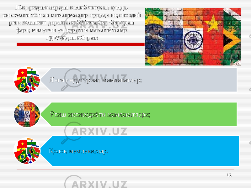 Юқоридагилардан келиб чиққан ҳолда, ривожланаётган мамлакатлар гуруҳи иқтисодий ривожланиш даражаси бўйича бир-биридан фарқ қилувчи уч турдаги мамлакатлар гуруҳидан иборат: 12Янги индустриал мамлакатлар; Ўтиш иқтисодиёти мамлакатлари; Қолоқ мамлакатлар. 