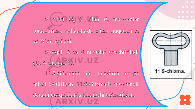 0 bilan O h 0 bilan 0 2 mar-kazlar tutashtirilsa, aylanalarda o&#39;tish nuqtalari A va B lar topiladi. 0 orqali A va B nuqtalar tutashtiriladi (11.4-chizma, b). 11.5-chizmada bu tutashma turiga misol keltirilgan. 11.6-chizmada tutashmali detalni bosqichlarda chizilishi ko&#39;rsatilgan. 