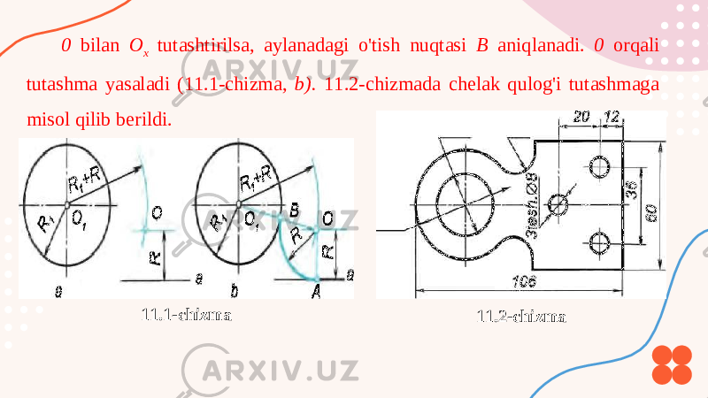 0 bilan O x tutashtirilsa, aylanadagi o&#39;tish nuqtasi B aniqlanadi. 0 orqali tutashma yasaladi (11.1-chizma, b). 11.2-chizmada chelak qulog&#39;i tutashmaga misol qilib berildi. 11.1-chizma 11.2-chizma 