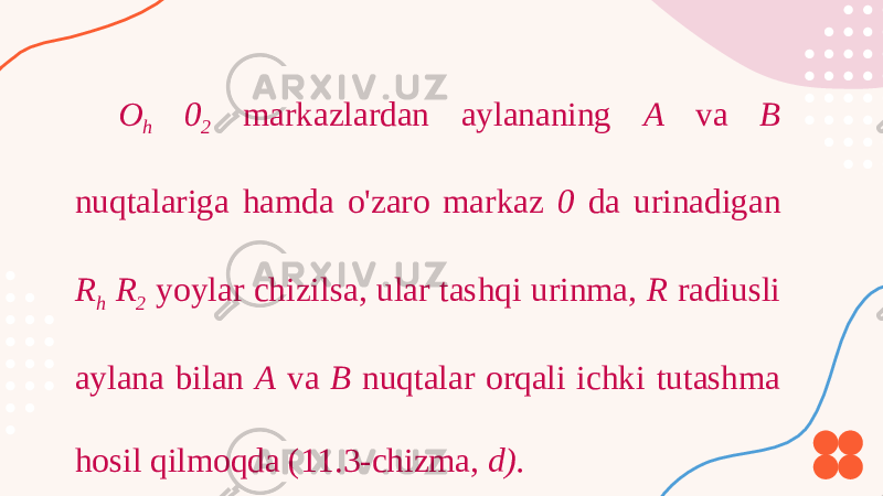 O h 0 2 markazlardan aylananing A va B nuqtalariga hamda o&#39;zaro markaz 0 da urinadigan R h R 2 yoylar chizilsa, ular tashqi urinma, R radiusli aylana bilan A va B nuqtalar orqali ichki tutashma hosil qilmoqda (11.3-chizma, d). 