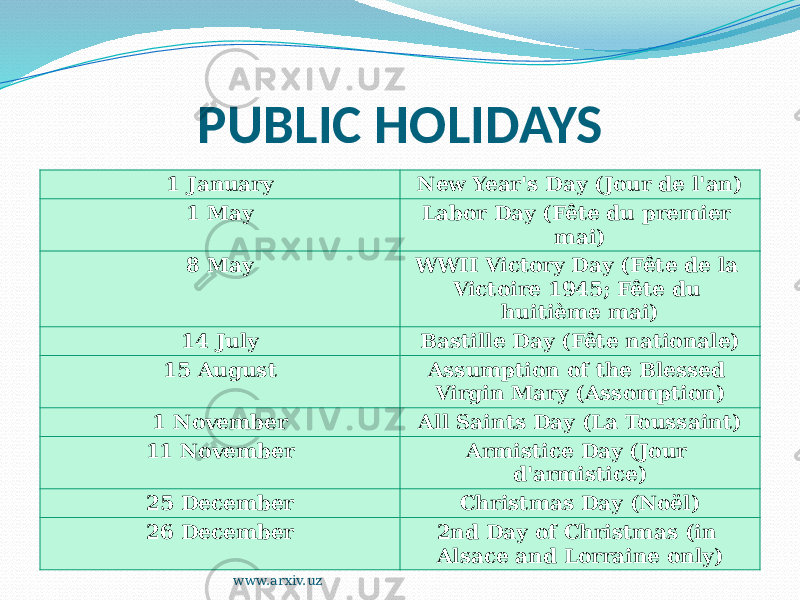 PUBLIC HOLIDAYS 1 January New Year&#39;s Day (Jour de l&#39;an) 1 May Labor Day (Fête du premier mai) 8 May WWII Victory Day (Fête de la Victoire 1945; Fête du huitième mai) 14 July Bastille Day (Fête nationale) 15 August Assumption of the Blessed Virgin Mary (Assomption) 1 November All Saints Day (La Toussaint) 11 November Armistice Day (Jour d&#39;armistice) 25 December Christmas Day (Noël) 26 December 2nd Day of Christmas (in Alsace and Lorraine only) www.arxiv.uz 