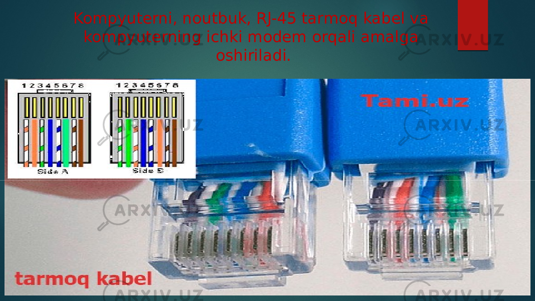 Kompyuterni, noutbuk, RJ-45 tarmoq kabel va kompyuterning ichki modem orqali amalga oshiriladi. 