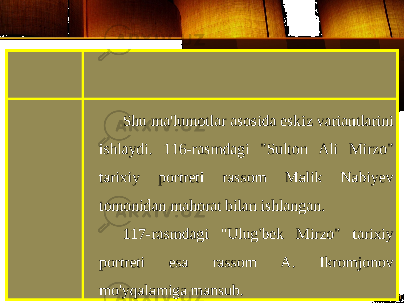 Shu ma&#39;lumotlar asosida eskiz variantlarini ishlaydi. 116-rasmdagi &#34;Sulton Ali Mirzo&#34; tarixiy portreti rassom Malik Nabiyev tomonidan mahorat bilan ishlangan. 117-rasmdagi &#34;Ulug&#39;bek Mirzo&#34; tarixiy portreti esa rassom A. Ikromjonov mo&#39;yqalamiga mansub. 