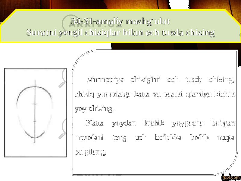 30-31-amaliy mashg&#39;ulot Suratni yengil chiziqlar bilan och tusda chizing Simmetriya chizig &#39; ini och tusda chizing , chiziq yuqorisiga katta va pastki qismiga kichik yoy chizing . Katta yoydan kichik yoygacha bo &#39; lgan masofani teng uch bo &#39; lakka bo &#39; lib nuqta belgilang . 