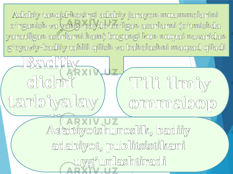 Adabiy tanqid hozirgi adabiy jarayon muammolarini o’rganish va yangi paydo bo’lgan asarlarni (o’tmishda yaratilgan asarlarni ham) bugungi kun nuqtai nazaridan g’oyaviy-badiiy tahlil qilish va baholashni maqsad qiladi Badiiy didni tarbiyalay di Tili ilmiy ommabop Adabiyotshunoslik, badiiy adabiyot, publitsistikani uyg’unlashtiradi 