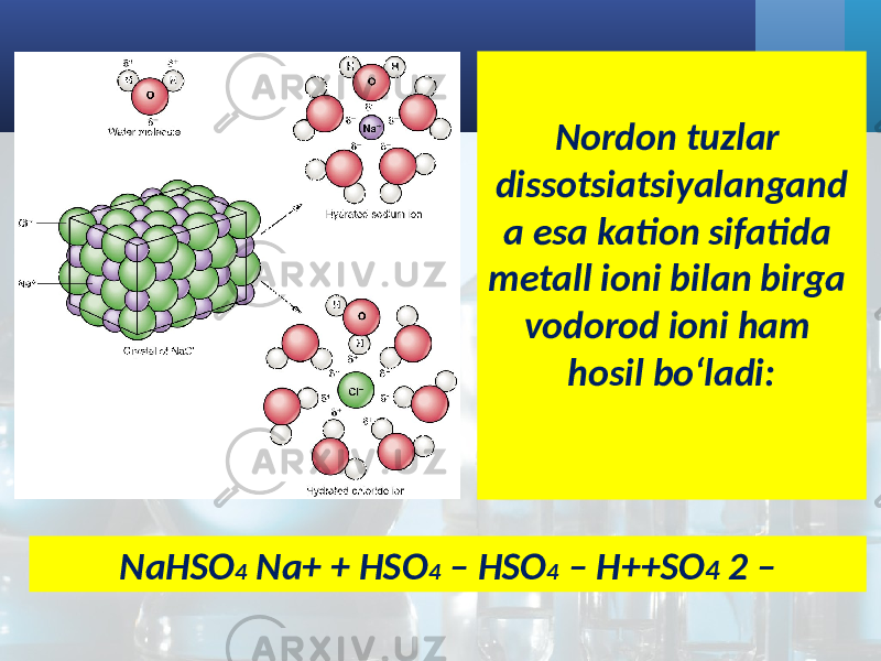 Nordon tuzlar dissotsiatsiyalangand a esa kation sifatida metall ioni bilan birga vodorod ioni ham hosil bo‘ladi: NaHSO 4 Na+ + HSO 4 – HSO 4 – H++SO 4 2 – 