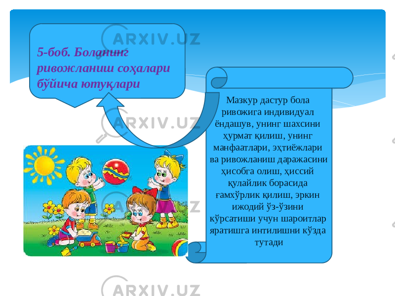 5-боб. Боланинг ривожланиш соҳалари бўйича ютуқлари Мазкур дастур бола ривожига индивидуал ёндашув, унинг шахсини ҳурмат қилиш, унинг манфаатлари, эҳтиёжлари ва ривожланиш даражасини ҳисобга олиш, ҳиссий қулайлик борасида ғамхўрлик қилиш, эркин ижодий ўз-ўзини кўрсатиши учун шароитлар яратишга интилишни кўзда тутади 