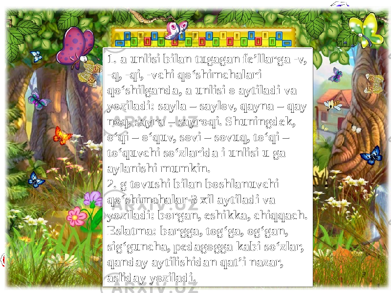 91. a unlisi bilan tugagan fe’llarga -v, -q, -qi, -vchi qo‘shimchalari qo‘shilganda, a unlisi o aytiladi va yoziladi: sayla – saylov, qayna – qay noq, sayra – sayroqi. Shuningdek, o‘qi – o‘quv, sovi – sovuq, to‘qi – to‘quvchi so‘zlarida i unlisi u ga aylanishi mumkin. 2. g tovushi bilan boshlanuvchi qo‘shimchalar 3 xil aytiladi va yoziladi: borgan, eshikka, chiqqach. Eslatma: bargga, tog‘ga, og‘gan, sig‘guncha, pedagogga kabi so‘zlar, qanday aytilishidan qat’i nazar, asliday yoziladi. 