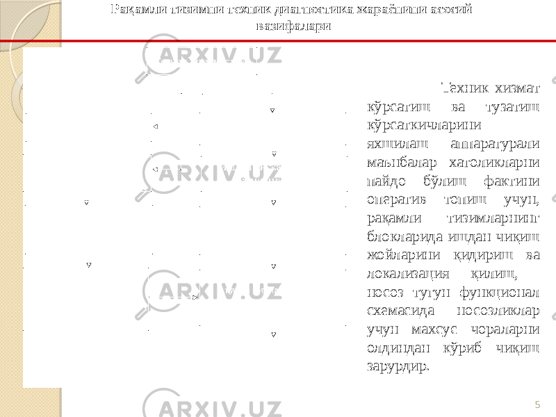 5 Техник хизмат кўрсатиш ва тузатиш кўрсаткичларини яхшилаш аппаратурали маънбалар хатоликларни пайдо бўлиш фактини оператив топиш учун, рақамли тизимларнинг блокларида ишдан чиқиш жойларини қидириш ва локализация қилиш, носоз тугун функционал схемасида носозликлар учун махсус чораларни олдиндан кўриб чиқиш зарурдир.Рақамли тизимни техник диагностика жараёнини асосий вазифалари 