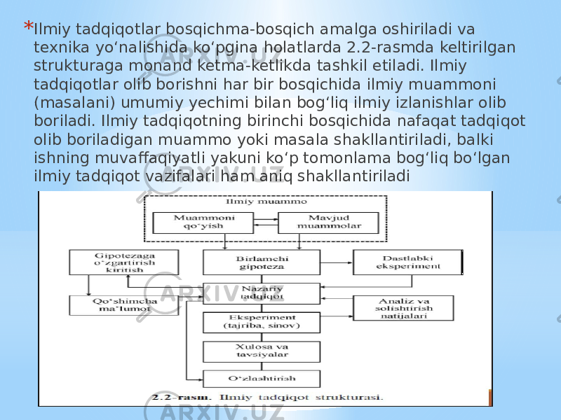 * Ilmiy tadqiqotlar bosqichma-bosqich amalga oshiriladi va texnika yo‘nalishida ko‘pgina holatlarda 2.2-rasmda keltirilgan strukturaga monand ketma-ketlikda tashkil etiladi. Ilmiy tadqiqotlar olib borishni har bir bosqichida ilmiy muammoni (masalani) umumiy yechimi bilan bog‘liq ilmiy izlanishlar olib boriladi. Ilmiy tadqiqotning birinchi bosqichida nafaqat tadqiqot olib boriladigan muammo yoki masala shakllantiriladi, balki ishning muvaffaqiyatli yakuni ko‘p tomonlama bog‘liq bo‘lgan ilmiy tadqiqot vazifalari ham aniq shakllantiriladi 