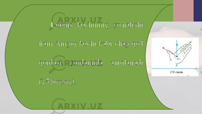 Lorens kuchining yo&#39;nalishi ham Amper kuchi kabi chap qo&#39;l qoidasi yordamida aniqlanadi (158-rasm). 
