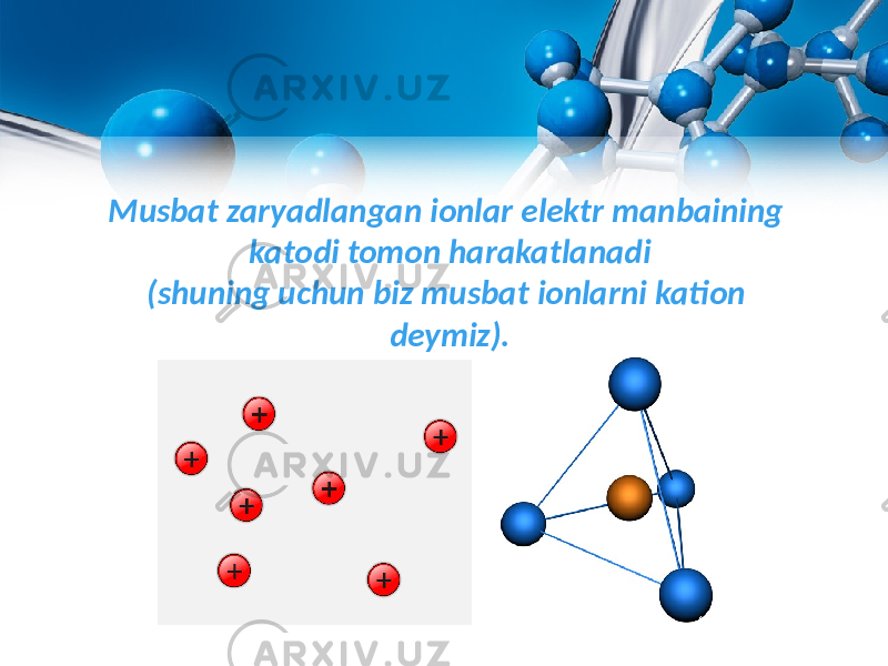 Musbat zaryadlangan ionlar elektr manbaining katodi tomon harakatlanadi (shuning uchun biz musbat ionlarni kation deymiz). 