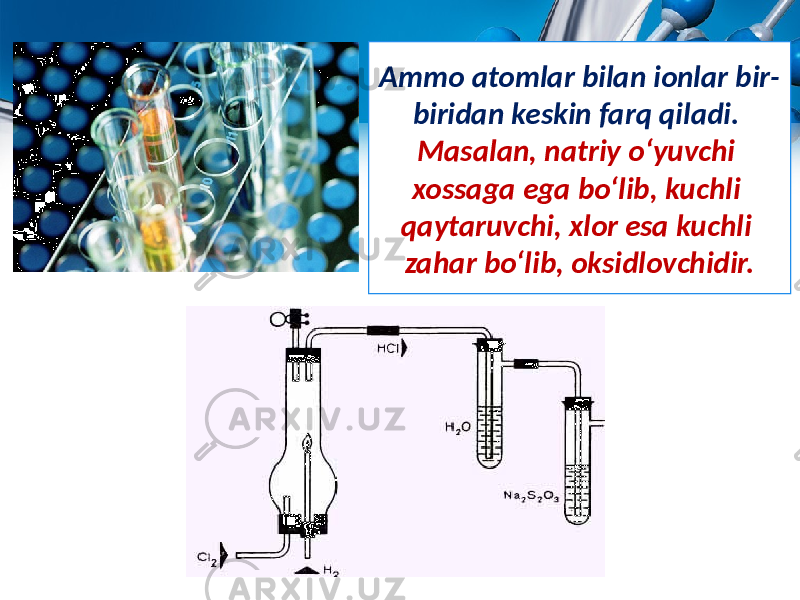 Ammo atomlar bilan ionlar bir- biridan keskin farq qiladi. Masalan, natriy o‘yuvchi xossaga ega bo‘lib, kuchli qaytaruvchi, xlor esa kuchli zahar bo‘lib, oksidlovchidir. 