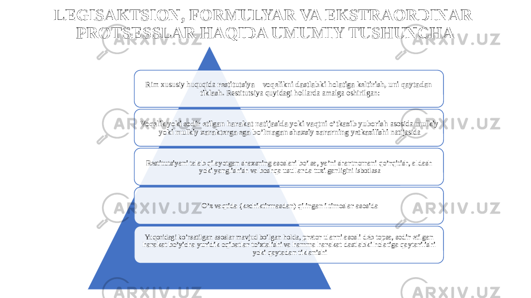 LEGISAKTSION, FORMULYAR VA EKSTRAORDINAR PROTSESSLAR HAQIDA UMUMIY TUSHUNCHA Rim xususiy huquqida restitutsiya – voqelikni dastlabki holatiga keltirish, uni qaytadan tiklash. Restitutsiya quyidagi hollarda amalga oshirilgan: Voqelik yoki sodir etilgan harakat natijasida yoki vaqtni o’tkazib yuborish asosida mulkiy yoki mulkiy xarakterga ega bo’lmagan shaxsiy zararning yetkazilishi natijasida Restitutsiyani talab qilayotgan shaxsning asoslari bo’lsa, ya’ni shartnomani qo’rqitish, aldash yoki yanglishish va boshqa usullarda tuzilgan ligini isbotlasa O’z vaqtida (kechiktirmasdan) qilingan iltimoslar asosida Yuqoridagi ko’rsatilgan asoslar mavjud bo’lgan holda, pretor ularni asosli deb topsa, sodir etilgan harakat bo’yicha yuridik oqibatlar to’xtalishi va hamma harakat dastlabki holatiga qaytarilishi yoki qaytadan tiklanishi 