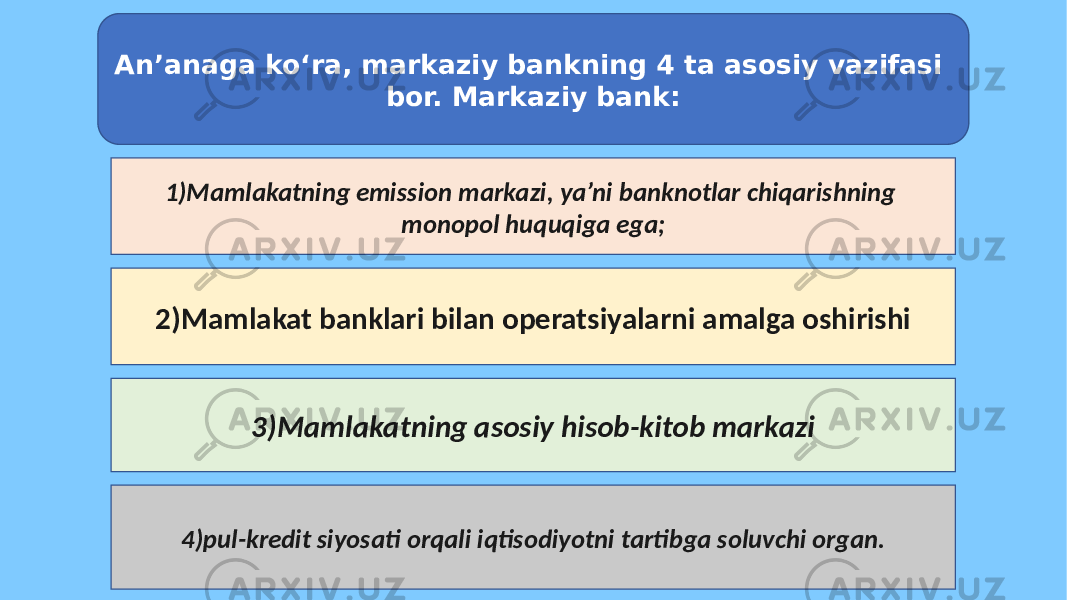 An’anaga ko‘ra, markaziy bankning 4 ta asosiy vazifasi bor. Markaziy bank: 1)Mamlakatning emission markazi, ya’ni banknotlar chiqarishning monopol huquqiga ega; 2)Mamlakat banklari bilan operatsiyalarni amalga oshirishi 3)Mamlakatning asosiy hisob-kitob markazi 4)pul-kredit siyosati orqali iqtisodiyotni tartibga soluvchi organ. 