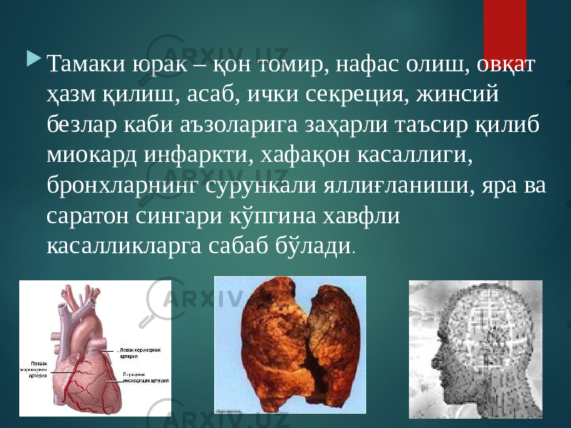  Тамаки юрак – қон томир, нафас олиш, овқат ҳазм қилиш, асаб, ички секреция, жинсий безлар каби аъзоларига заҳарли таъсир қилиб миокард инфаркти, хафақон касаллиги, бронхларнинг сурункали яллиғланиши, яра ва саратон сингари кўпгина хавфли касалликларга сабаб бўлади . 