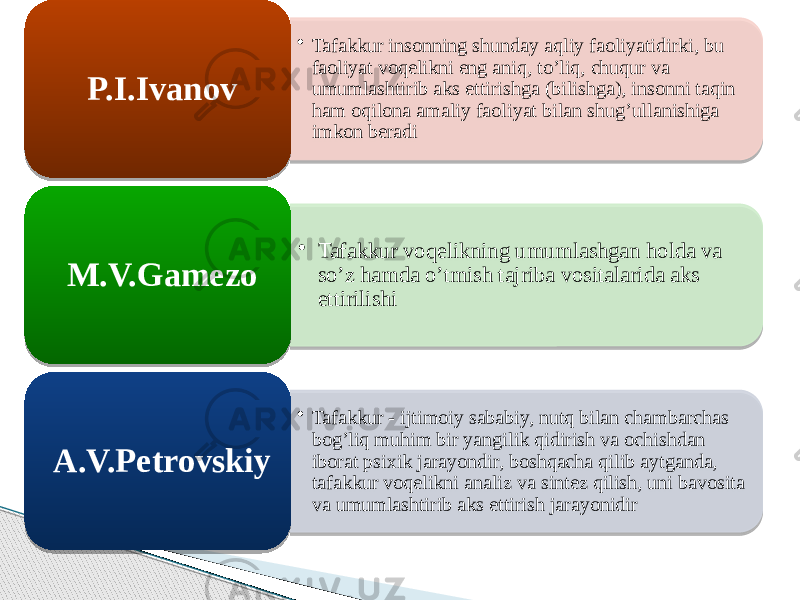 • Tafakkur insonning shunday aqliy faoliyatidirki, bu faoliyat voqelikni eng aniq, to’liq, chuqur va umumlashtirib aks ettirishga (bilishga), insonni taqin ham oqilona amaliy faoliyat bilan shug’ullanishiga imkon beradiP.I.Ivanov • Tafakkur voqelikning umumlashgan holda va so’z hamda o’tmish tajriba vositalarida aks ettirilishiM.V.Gamezo • Tafakkur - ijtimoiy sababiy, nutq bilan chambarchas bog’liq muhim bir yangilik qidirish va ochishdan iborat psixik jarayondir, boshqacha qilib aytganda, tafakkur voqelikni analiz va sintez qilish, uni bavosita va umumlashtirib aks ettirish jarayonidirA.V.Petrovskiy 02 24 1E030506 0A160A16 17031601 0C16 2A 02 24 080513 18 2D 01 02 24 12050E13060C 0C12050B03 07031E 090301 02 01 