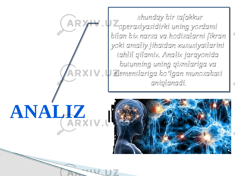 ANALIZ - shunday bir tafakkur operasiyasidirki uning yordami bilan biz narsa va hodisalarni fikran yoki amaliy jihatdan xususiyatlarini tahlil qilamiz. Analiz jarayonida butunning uning qismlariga va elementlariga bo’lgan munosabati aniqlanadi. 170812 09241B 0C06 13 10 0C1F10 1B 0305 