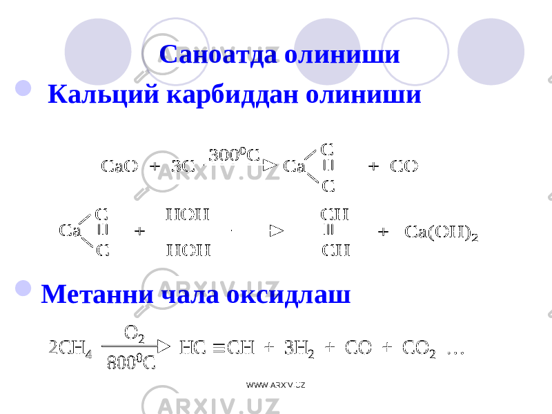 Саноатда олиниши  Кальций карбиддан олиниши  Метанни чала оксидлашCaO + 3C Ca + CO 300 0C C C Ca C HOH C HOH + CH CH + Ca(OH) 2 CaO + 3C Ca + CO 300 0C C C CaO + 3C Ca + CO 300 0C C C Ca C HOH C HOH + CH CH + Ca(OH) 2 Ca C HOH C HOH C HOH C HOH + CH CH CH CH + Ca(OH) 2 2CH 4 HC  CH + 3H 2 + CO + CO 2 … O 2 800 0C 2CH 4 HC  CH + 3H 2 + CO + CO 2 … O 2 800 0C WWW.ARXIV.UZ 