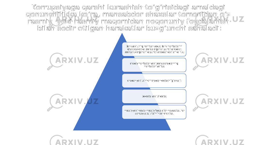 Korrupsiyaga qarshi kurashish toʻgʻrisidagi amaldagi qonunchilikka koʻra, mansabdor shaxslar tomonidan oʻz rasmiy yoki rasmiy maqomidan noqonuniy foydalanish bilan sodir etilgan harakatlar buzgʻunchi sanaladi: Bank yoki uning nomidan yoxud Bank manfaatlarini ko&#39;zlab davlat va boshqa organlar, yuridik shaxslar, boshqaruv organlari va yuridik shaxslar vakillari va h.k.; shaxsiy manfaatlar yoki boshqa shaxslarning manfaatlari yo&#39;lida; shaxsan yoki uchinchi shaxslar vositachiligi orqali; bevosita yoki bilvosita; moddiy yoki nooziq-moddiy foyda olish maqsadida, har qanday qabul / ta&#39;minlash shaklida. 