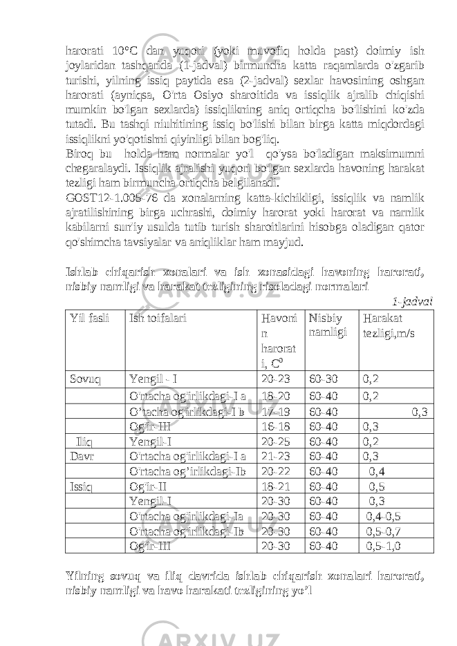 harorati 10°C dan yuqori (yoki muvofiq holda past) doimiy ish joylaridan tashqarida (1-jadval) birmuncha katta raqamlarda o&#39;zgarib turishi, yilning issiq paytida esa (2-jadval) sexlar havosining oshgan harorati (ayniqsa, O&#39;rta Osiyo sharoitida va issiqlik ajralib chiqishi mumkin bo&#39;lgan sexlarda) issiqlikning aniq ortiqcha bo&#39;lishini ko&#39;zda tutadi. Bu tashqi niuhitining issiq bo&#39;lishi bilan birga katta miqdordagi issiqlikni yo&#39;qotishni qiyinligi bilan bog&#39;liq. Biroq bu holda ham normalar yo&#39;l qo&#39;ysa bo&#39;ladigan maksimumni chegaralaydi. Issiqlik ajralishi yuqori bo&#39;lgan sexlarda havoning harakat tezligi ham birmuncha ortiqcha belgilanadi. GOST12-1.005-76 da xonalarning katta-kichikligi, issiqlik va namlik ajratilishining birga uchrashi, doimiy harorat yoki harorat va narnlik kabilarni sun&#39;iy usulda tutib turish sharoitlarini hisobga oladigan qator qo&#39;shimcha tavsiyalar va aniqliklar ham mayjud. Ishlab chiqarish xonalari va ish xonasidagi havoning harorati, nisbiy namligi va harakat tezligining risoladagi normalari 1-jadval Yil fasli Ish toifalari Havoni n harorat i, C 0 Nisbiy namligi Harakat tezligi,m/s Sovuq Yengil - I 20-23 60-30 0,2 O&#39;rtacha og&#39;irlikdagi-I a 18-20 60-40 0,2 O’tacha og&#39;irlikdagi-I b 17-19 60-40 0,3 Og&#39;ir-III 16-18 60-40 0,3 Iliq Yengil-I 20-25 60-40 0,2 Davr O&#39;rtacha og&#39;irlikdagi-I a 21-23 60-40 0,3 O&#39;rtacha og’irlikdagi-Ib 20-22 60-40 0,4 Issiq Og&#39;ir-II 18-21 60-40 0,5 Yengil-I 20-30 60-40 0,3 O&#39;rtacha og&#39;irlikdagi-Ia 20-30 60-40 0,4-0,5 O&#39;rtacha og&#39;irlikdagi-Ib 20-30 60-40 0,5-0,7 Og&#39;ir-III 20-30 60-40 0,5-1,0 Yilning sovuq va iliq davrida ishlab chiqarish xonalari harorati, nisbiy namligi va havo harakati tezligining yo’l 