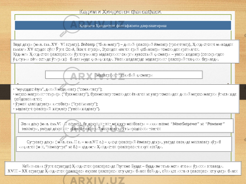 1 4Қадимги Ҳиндистон фалсафаси. Қадимги Ҳиндистон фалсафасини даврлаштириш Веда даври (мил. авв. XV - VI асрлар). Ведалар (“билимлар&#34;) – диний-фалсафий ёзмалар (трактатлар), Ҳиндистонга милоддан аввалги XV асрдан сўнг Ўрта Осиё, Волга атрофи, Эрондан келган арий қабилалари томонидан яратилган. Қадимги Ҳиндистон фалсафасини ўрганувчилар ведаларнинг охирги хулосавий қисмлари – упанишадалар (санскритдан- ўқитувчи оёғи остида ўтириш) - билан жуда қизиқишади. Упанишадаларда ведаларнинг фалсафий талқини берилади. Ведаларнинг таркибий қисмлари • “ муқаддас ёзув&#34;, диний мадҳиялар (&#34;самхитлар&#34;); • маросимларнинг таърифи (&#34;брахманлар&#34;), брахманлар томонидан ёзилган ва улар томонидан диний маросимларни ўтказишда фойдаланилган; • ўрмон қаландарлари китоблари (&#34;араньяклар&#34;); • ведаларга фалсафий шарҳлар (&#34;упанишадалар&#34;). Эпик давр (мил. авв.VI - II асрлар), бу даврнинг энг машҳур манбалари – икки поэма “Махабхарата” ва “Рамаяна” эпослари, уларда даврнинг кўплаб фалсафий масалалари ўз ьифодасини топган Сутралар даври ( мил. авв. II а. – мил.VII а.) – қисқа фалсафий ёзмалар даври, уларда алоҳида масалалар кўриб чиқилган (м-н, “намасутра” ва б.) – қадимги Ҳиндистон фалсафасига якун ясайди. Кейинчалик (ўрта асрларда) Ҳиндистон фалсафасида Гаутама-Будда – буддизм таълимоти етакчи ўринни эгаллади. XVIII – XX асрларда Ҳиндистон фалсафаси европа фалсафаси ютуқлари билан бойиди, айниқса инглиз фалсафаси ютуқлари билан 