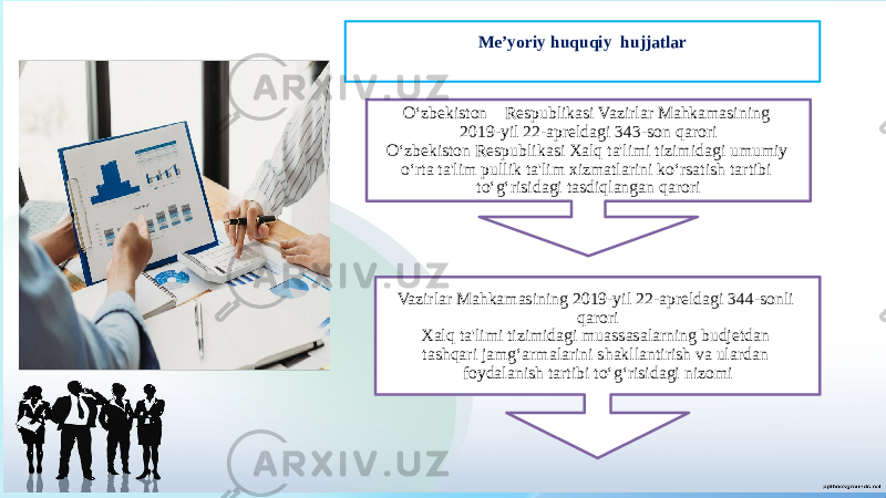 Me’yoriy huquqiy hujjatlar O‘zbekiston Respublikasi Vazirlar Mahkamasining 2019-yil 22-apreldagi 343-son qarori O‘zbekiston Respublikasi Xalq ta&#39;limi tizimidagi umumiy o‘rta ta&#39;lim pullik ta&#39;lim xizmatlarini ko‘rsatish tartibi to‘g‘risidagi tasdiqlangan qarori Vazirlar Mahkamasining 2019-yil 22-apreldagi 344-sonli qarori Xalq ta&#39;limi tizimidagi muassasalarning budjetdan tashqari jamg‘armalarini shakllantirish va ulardan foydalanish tartibi to‘g‘risidagi nizomi 