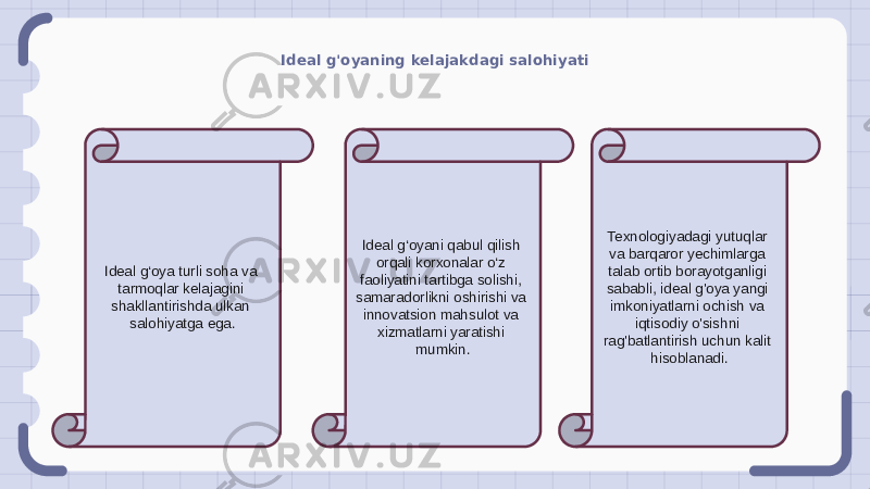 Ideal g&#39;oyaning kelajakdagi salohiyati Ideal g‘oya turli soha va tarmoqlar kelajagini shakllantirishda ulkan salohiyatga ega. Ideal g‘oyani qabul qilish orqali korxonalar o‘z faoliyatini tartibga solishi, samaradorlikni oshirishi va innovatsion mahsulot va xizmatlarni yaratishi mumkin. Texnologiyadagi yutuqlar va barqaror yechimlarga talab ortib borayotganligi sababli, ideal g&#39;oya yangi imkoniyatlarni ochish va iqtisodiy o&#39;sishni rag&#39;batlantirish uchun kalit hisoblanadi. 