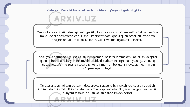 Xulosa: Yaxshi kelajak uchun ideal g&#39;oyani qabul qilish Yaxshi kelajak uchun ideal g‘oyani qabul qilish ijobiy va ilg‘or jamiyatni shakllantirishda hal qiluvchi ahamiyatga ega. Ushbu kontseptsiyani qabul qilish orqali biz o&#39;sish va rivojlanish uchun cheksiz imkoniyatlar va imkoniyatlarni ochamiz. Ideal g‘oya shunchaki yuksak tushuncha emas, balki muammolarni hal qilish va qaror qabul qilishda amaliy yondashuvdir. Bu bizni qutidan tashqarida o&#39;ylashga va uzoq muddatli va ta&#39;sirli o&#39;zgarishlarga olib kelishi mumkin bo&#39;lgan innovatsion echimlarni o&#39;rganishga undaydi. Xulosa qilib aytadigan bo&#39;lsak, Ideal g&#39;oyani qabul qilish yaxshiroq kelajak yaratish uchun juda muhimdir. Bu shaxslar va jamoalarga yanada inklyuziv, barqaror va uyg&#39;un dunyoni tasavvur qilish va ishlashga imkon beradi. 