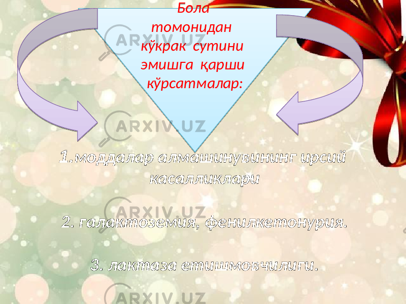 Бола томонидан кўкрак сутини эмишга қарши кўрсатмалар: 1. моддалар алмашинувининг ирсий касалликлари 2. галактоземия, фенилкетонурия. 3. лактаза етишмовчилиги.16 05 1213 1807 12 