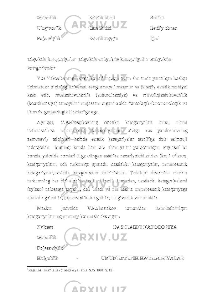 G о ‘zallik Estetik ideal San’at Ulug‘vorlik Estetik did Badiiy obraz Fojeaviylik Estetik tuyg‘u Ijod Obyektiv kategoriyalar Obyektiv-subyektiv kategoriyalar Subyektiv kategoriyalar Y.G.Yakovlevning fikriga k о ‘ra, 1 mazkur tizim shu turda yaratilgan boshqa tizimlardan о ‘zining universal-kengqamrovli mazmun va falsafiy-estetik mohiyat kasb etib, moslashuvchanlik (subordinatsiya) va muvofiqlashtiruvchilik (koordinatsiya) tamoyilini mujassam etgani xolda “ontologik-fenomenologik va ijtimoiy-gnoseologik jihatlar”ga ega. Ayniqsa, V.P.Shestakovning estetika kategoriyalari tarixi, ularni tizimlashtirish muammolari, kategoriyalarga о ‘ziga xos yondoshuvning zamonaviy talqinlari hamda estetik kategoriyalar tasnifiga doir salmoqli tadqiqotlari bugungi kunda ham о ‘z ahamiyatini y о ‘qotmagan. Faylasuf bu borada yuiorida nomlari tilga olingan estetika nazariyotchilaridan farqli о ‘laroq, kategoriyalarni uch turkumga ajratadi: dastlabki kategoriyalar, umumestetik kategoriyalar, estetik kategoriyalar k о ‘rinishlari. Tadqiqot davomida mazkur turkumning har biri alohida taxlil qilinadi. Jumladan, dastlabki kategoriyalarni faylasuf nafosatga tegishli, deb biladi va uni beshta umumestetik kategoriyaga ajratadi: g о ‘zallik, fojeaaviylik, kulgulilik, ulug‘vorlik va hunuklik. Mazkur jadvalda V.P.Shestakov tomonidan tizimlashtirilgan kategoriyalarning umumiy k о ‘rinishi aks etgan: Nafosat - DASTLABKI KATEGORIYA G о ‘zallik Fojeaaviylik Kulgulilik - UMUMESTETIK KATEGORIYALAR 1 Kagan M. Estetika kak filosofskaya nauka. SPb. 1997. S. 19. 