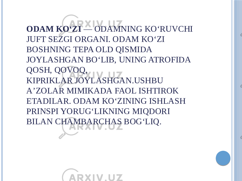 ODAM KOʻZI  — ODAMNING KOʻRUVCHI JUFT SEZGI ORGANI. ODAM KOʻZI BOSHNING TEPA OLD QISMIDA JOYLASHGAN BOʻLIB, UNING ATROFIDA QOSH, QOVOQ, KIPRIKLAR JOYLASHGAN.USHBU AʼZOLAR MIMIKADA FAOL ISHTIROK ETADILAR. ODAM KOʻZINING ISHLASH PRINSPI YORUGʻLIKNING MIQDORI BILAN CHAMBARCHAS BOGʻLIQ. 