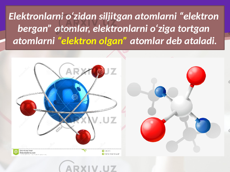 Elektronlarni o‘zidan siljitgan atomlarni “elektron bergan” atomlar, elektronlarni o‘ziga tortgan atomlarni “elektron olgan” atomlar deb ataladi. 