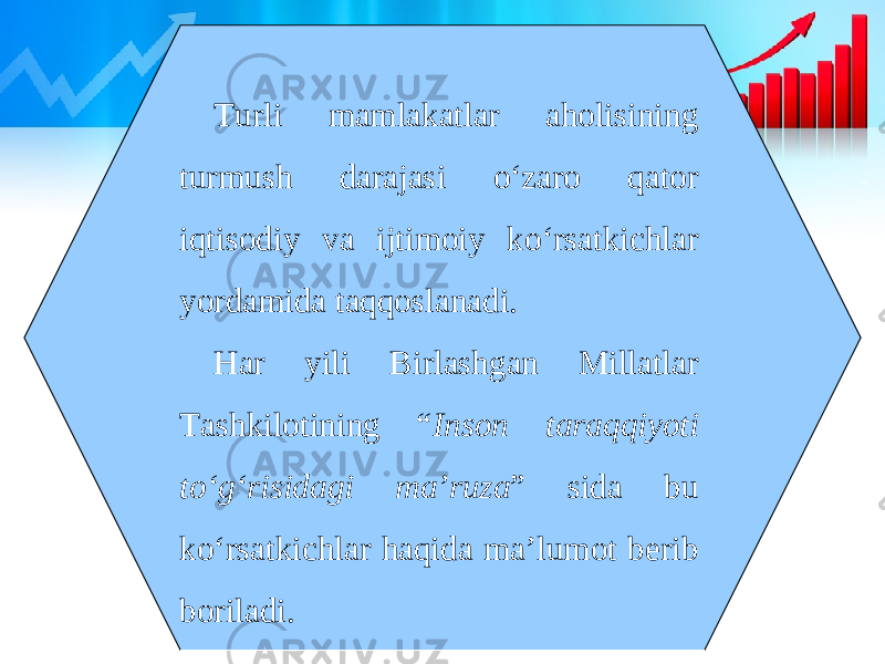 Turli mamlakatlar aholisining turmush darajasi o‘zaro qator iqtisodiy va ijtimoiy ko‘rsatkichlar yordamida taqqoslanadi. Har yili Birlashgan Millatlar Tashkilotining “ Inson taraqqiyoti to‘g‘risidagi ma’ruza ” sida bu ko‘rsatkichlar haqida ma’lumot berib boriladi. 