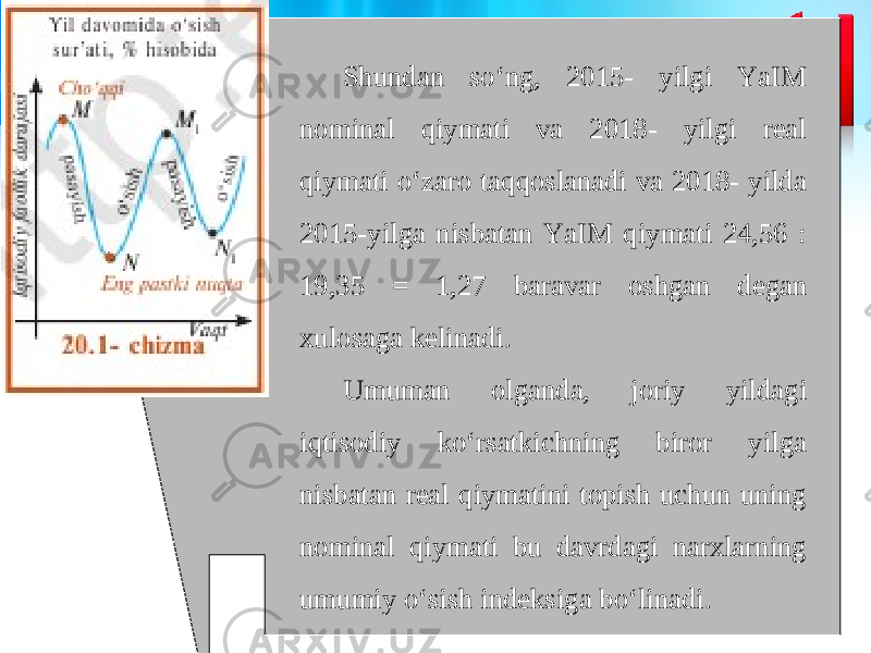 Shundan so‘ng, 2015- yilgi YaIM nominal qiymati va 2018- yilgi real qiymati o‘zaro taqqoslanadi va 2018- yilda 2015-yilga nisbatan YaIM qiymati 24,56 : 19,35 = 1,27 baravar oshgan degan xulosaga kelinadi. Umuman olganda, joriy yildagi iqtisodiy ko‘rsatkichning biror yilga nisbatan real qiymatini topish uchun uning nominal qiymati bu davrdagi narxlarning umumiy o‘sish indeksiga bo‘linadi. 