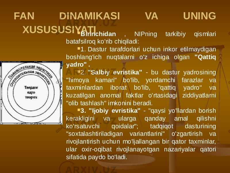 FAN DINAMIKASI VA UNING XUSUSUSIYATI  Birinchidan , NIPning tarkibiy qismlari batafsilroq ko&#39;rib chiqiladi:  1. Dastur tarafdorlari uchun inkor etilmaydigan boshlang&#39;ich nuqtalarni o&#39;z ichiga olgan &#34;Qattiq yadro&#34; .  2.  &#34;Salbiy evristika&#34; - bu dastur yadrosining &#34;himoya kamari&#34; bo&#39;lib, yordamchi farazlar va taxminlardan iborat bo&#39;lib, &#34;qattiq yadro&#34; va kuzatilgan anomal faktlar o&#39;rtasidagi ziddiyatlarni &#34;olib tashlash&#34; imkonini beradi.  3. &#34;Ijobiy evristika&#34; - &#34;qaysi yo&#39;llardan borish kerakligini va ularga qanday amal qilishni ko&#39;rsatuvchi qoidalar&#34;; tadqiqot dasturining &#34;soxtalashtiriladigan variantlarini&#34; o&#39;zgartirish va rivojlantirish uchun mo&#39;ljallangan bir qator taxminlar, ular oxir-oqibat rivojlanayotgan nazariyalar qatori sifatida paydo bo&#39;ladi. 