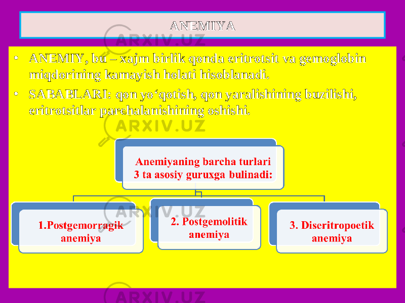 ANEMIYA • ANEMIY, bu – xajm birlik qonda eritrotsit va gemoglobin miqdorining kamayish holati hisoblanadi. • SABABLARI: qon yo‘qotish, qon yaralishining buzilishi, eritrotsitlar parchalanishining oshishi. 