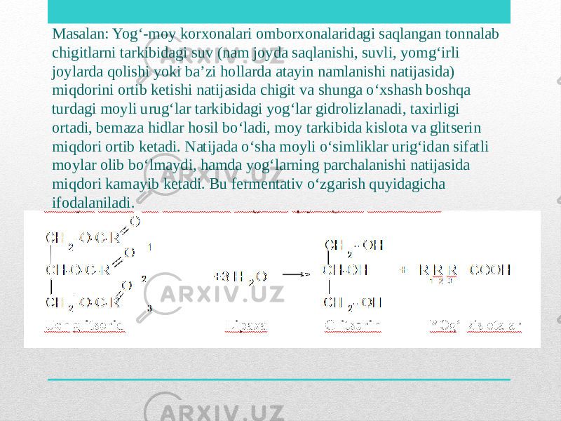 Masalan: Yog‘-moy korxonalari omborxonalaridagi saqlangan tonnalab chigitlarni tarkibidagi suv (nam joyda saqlanishi, suvli, yomg‘irli joylarda qolishi yoki ba’zi hollarda atayin namlanishi natijasida) miqdorini ortib ketishi natijasida chigit va shunga o‘xshash boshqa turdagi moyli urug‘lar tarkibidagi yog‘lar gidrolizlanadi, taxirligi ortadi, bemaza hidlar hosil bo‘ladi, moy tarkibida kislota va glitserin miqdori ortib ketadi. Natijada o‘sha moyli o‘simliklar urig‘idan sifatli moylar olib bo‘lmaydi, hamda yog‘larning parchalanishi natijasida miqdori kamayib ketadi. Bu fermentativ o‘zgarish quyidagicha ifodalaniladi. 