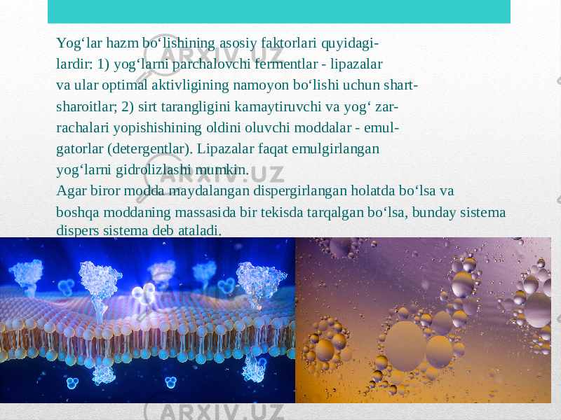 Yogʻlar hazm boʻlishining asosiy faktorlari quyidagi- lardir: 1) yogʻlarni parchalovchi fermentlar - lipazalar va ular optimal aktivligining namoyon boʻlishi uchun shart- sharoitlar; 2) sirt tarangligini kamaytiruvchi va yogʻ zar- rachalari yopishishining oldini oluvchi moddalar - emul- gatorlar (detergentlar). Lipazalar faqat emulgirlangan yogʻlarni gidrolizlashi mumkin. Agar biror modda maydalangan dispergirlangan holatda boʻlsa va boshqa moddaning massasida bir tekisda tarqalgan boʻlsa, bunday sistema dispers sistema deb ataladi. 