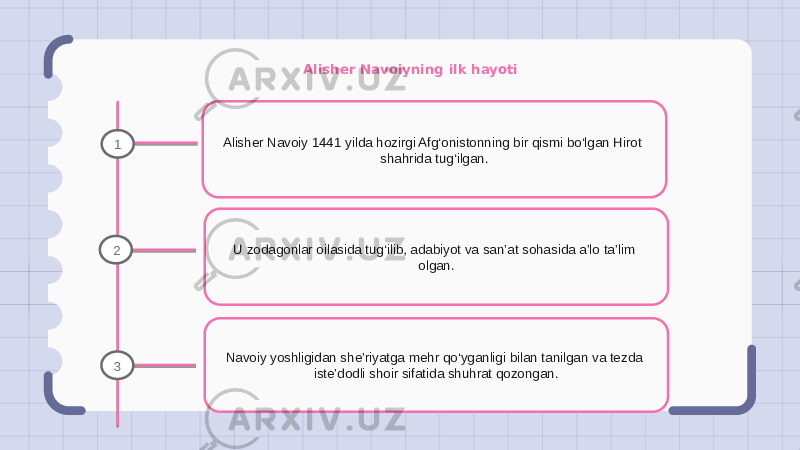 Alisher Navoiyning ilk hayoti Alisher Navoiy 1441 yilda hozirgi Afg‘onistonning bir qismi bo‘lgan Hirot shahrida tug‘ilgan. U zodagonlar oilasida tug‘ilib, adabiyot va san’at sohasida a’lo ta’lim olgan. Navoiy yoshligidan she’riyatga mehr qo‘yganligi bilan tanilgan va tezda iste’dodli shoir sifatida shuhrat qozongan.1 2 3 